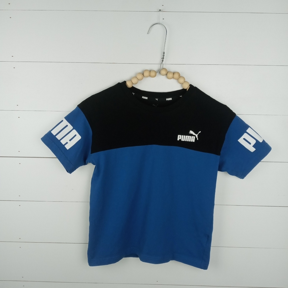 Puma boys size S blue and black white logo tshirt large lettered logo on sleeve